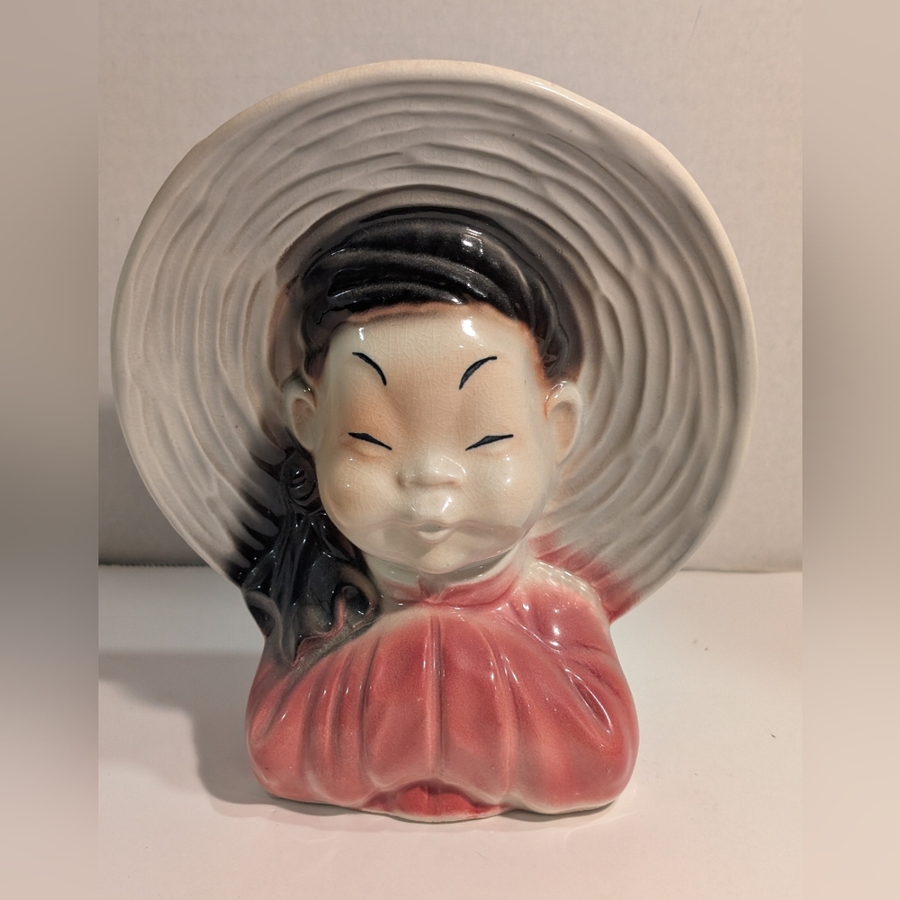 Royal Copley 1930's Asian Girl Head with Puckered Lips Vase Wall Pocket Antique